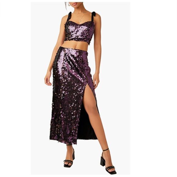 Free People Star Bright Sequin Two-Piece Crop Top & Midi Skirt, Lilac, Sz 4, NWT - Picture 3 of 10